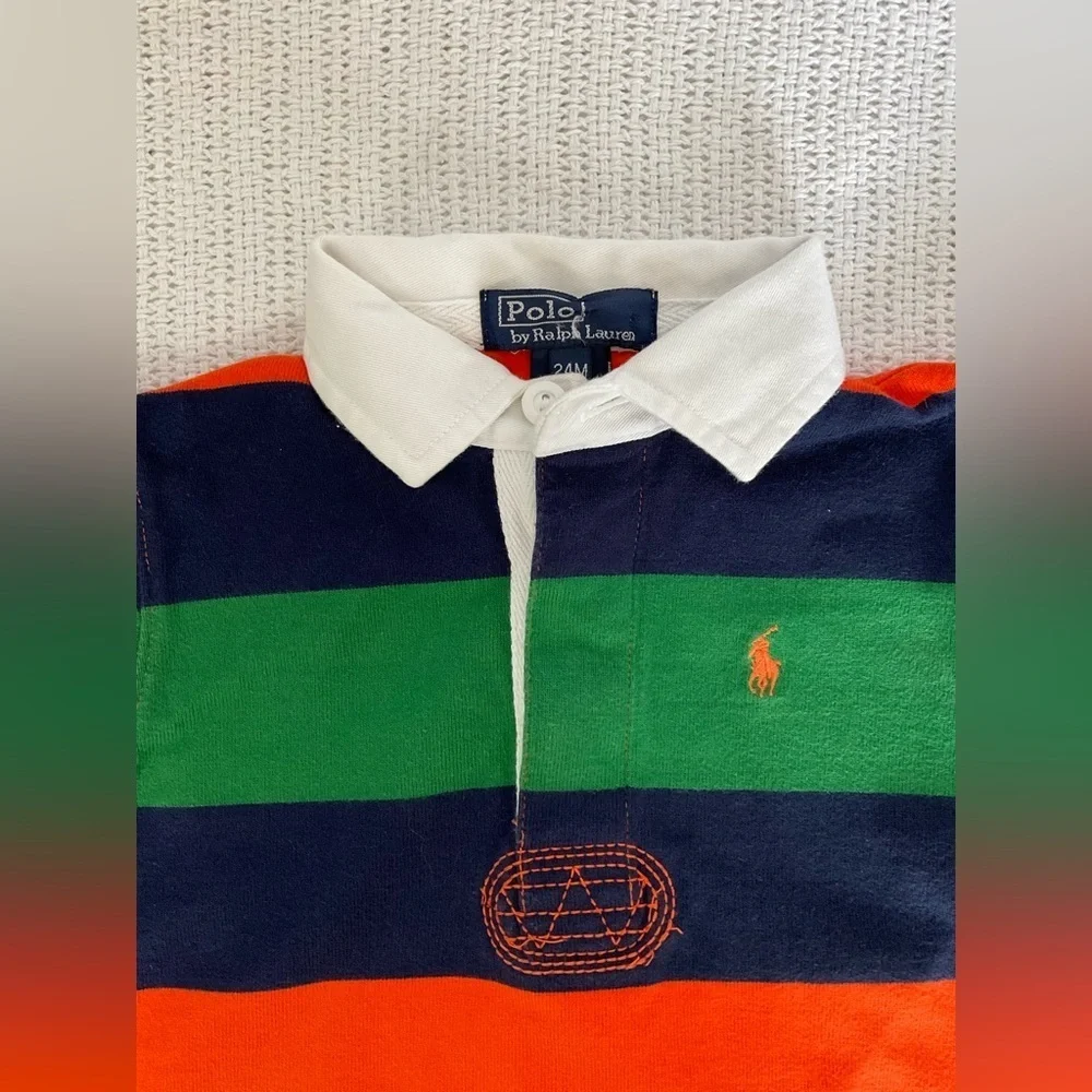 Ralph Lauren Green and Orange Bodysuit with Rugby Stripes